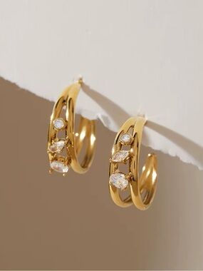 18K Gold Plated Cubic Zirconia Open Double Hoop Earrings